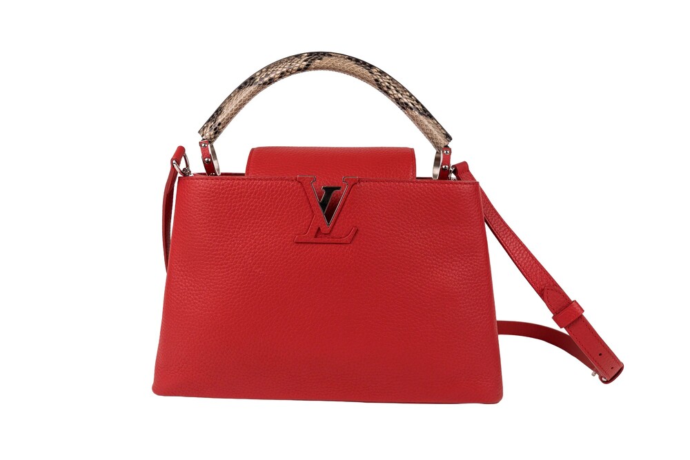 Louis Vuitton Red Capucines Handbag Taurillon Leather Python Handle Silver Hardw